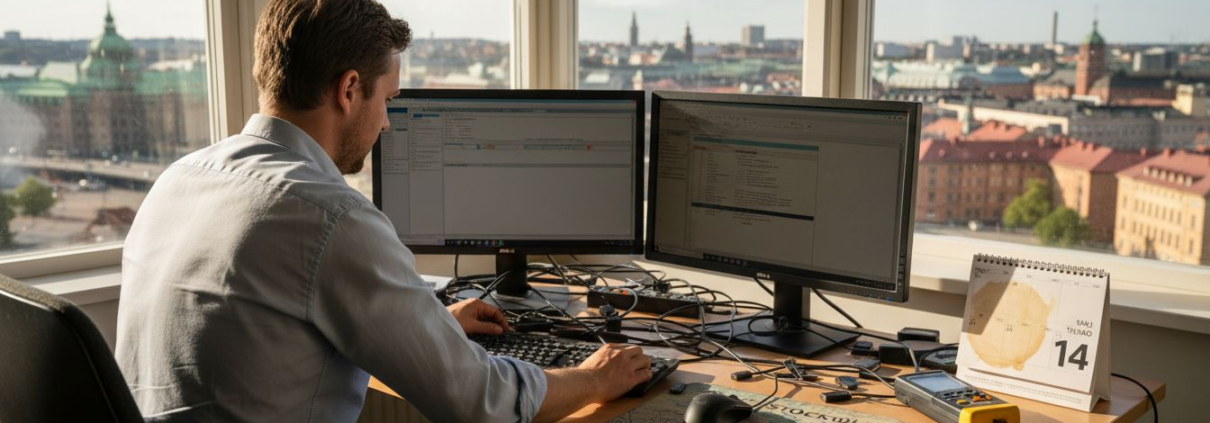 IT-tekniker som ordnar med kablar på kontoret