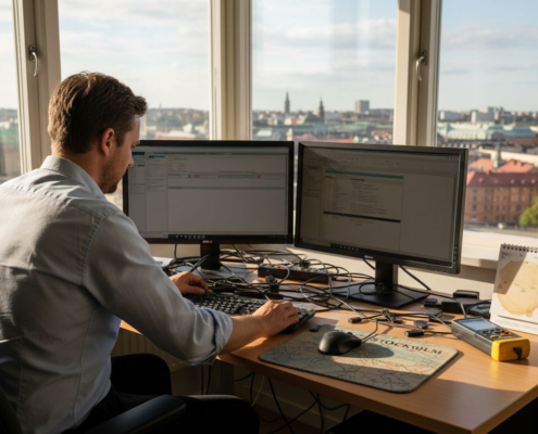 IT-tekniker som ordnar med kablar på kontoret