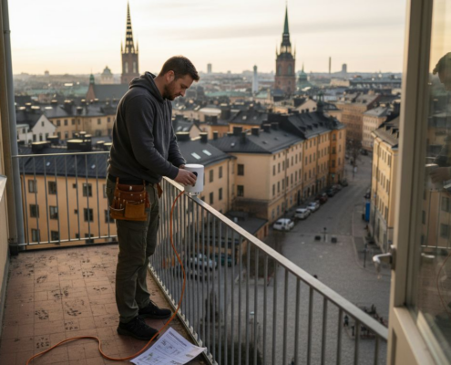 Tekniker installerar trådlöst nätverk på höjden över Stockholm