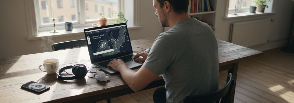 Sitter vid köksbordet hemma och surfar med VPN