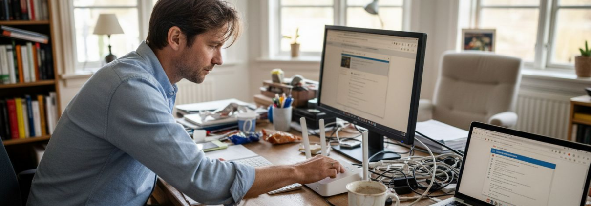 Person som försöker lösa problem med nätverket i sitt hemmakontor