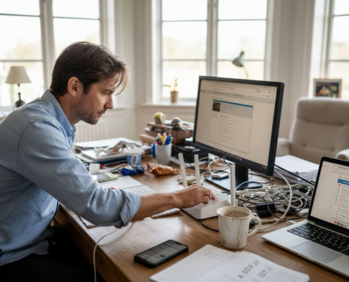 Person som försöker lösa problem med nätverket i sitt hemmakontor