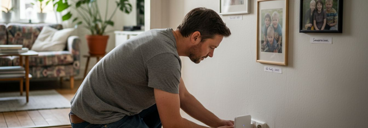 En person håller på att installera en wifi-förstärkare i hallen hemma.