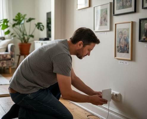 En person håller på att installera en wifi-förstärkare i hallen hemma.