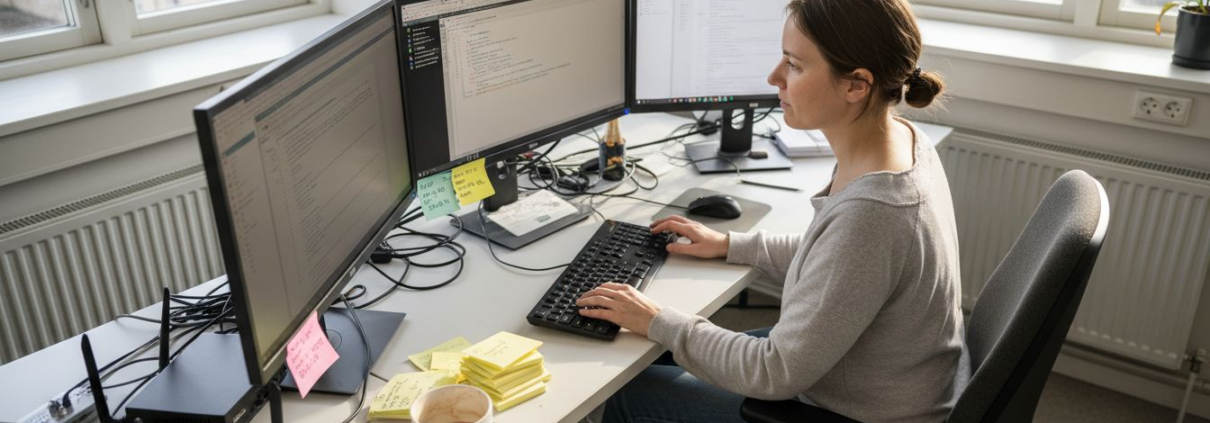 En IT-tekniker sitter vid sitt skrivbord och jobbar med datorer och annan teknisk utrustning.