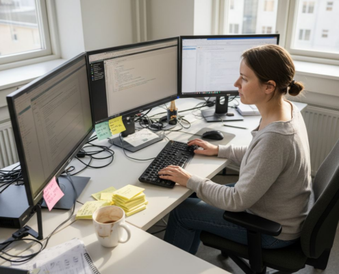 En IT-tekniker sitter vid sitt skrivbord och jobbar med datorer och annan teknisk utrustning.