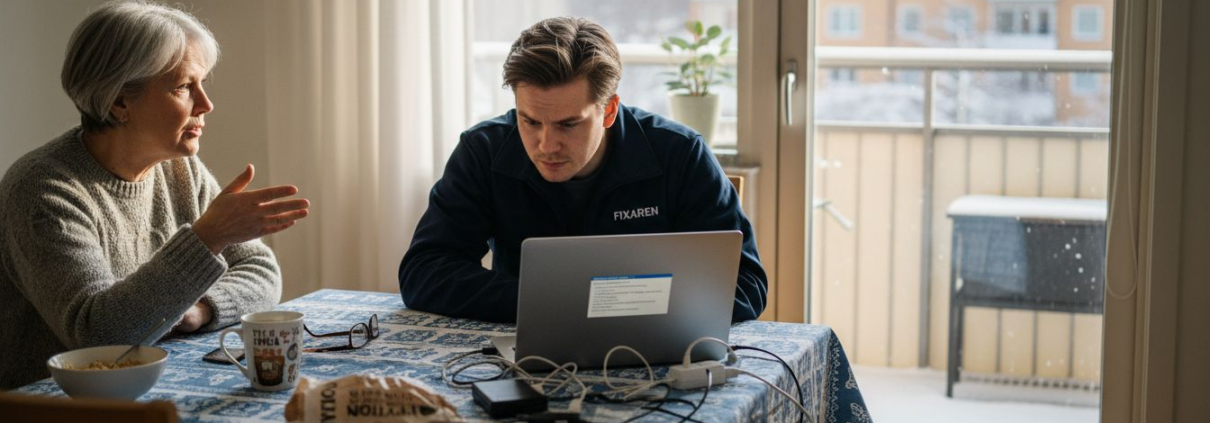 IT-tekniker som jobbar hemifrån köksbordet i Stockholm – både privat och professionellt