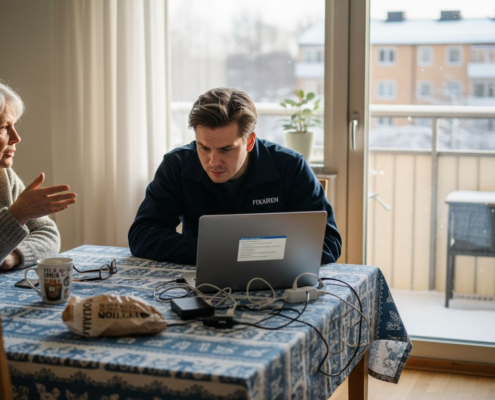 IT-tekniker som jobbar hemifrån köksbordet i Stockholm – både privat och professionellt