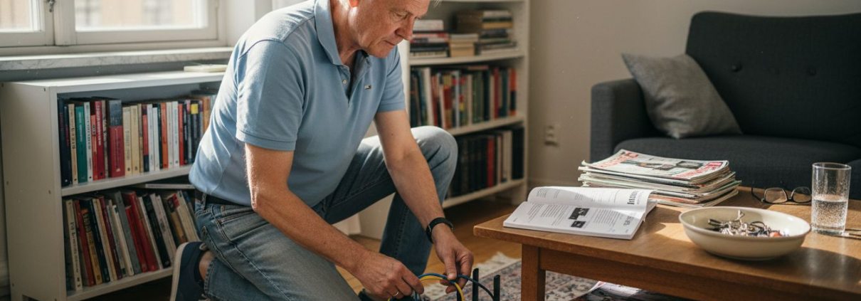 En man håller på att installera en wifi-router i vardagsrummet.