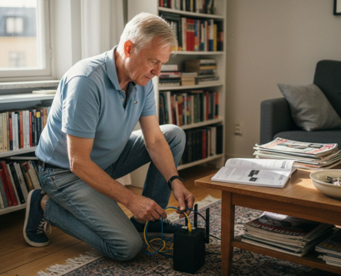 En man håller på att installera en wifi-router i vardagsrummet.
