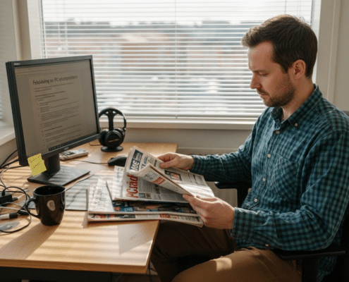 En IT-tekniker sitter vid sitt skrivbord och bläddrar i datortidningar.