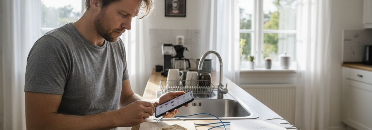 En man står vid köksbänken och fixar med sina Unifi-enheter.