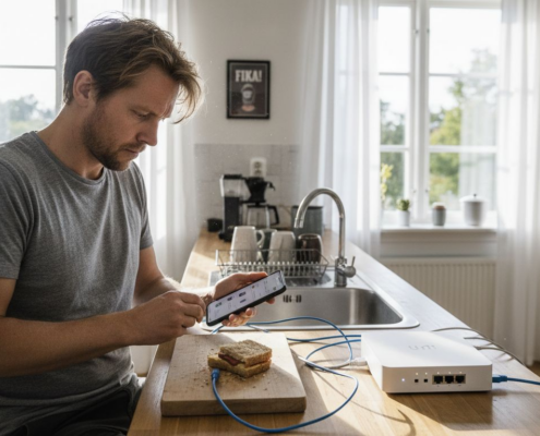 En man står vid köksbänken och fixar med sina Unifi-enheter.