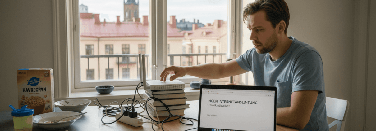 Nätverksproblem – Så påverkas din vardag 1 Irriterad man försöker få ordning på sitt trasslande wifi hemma
