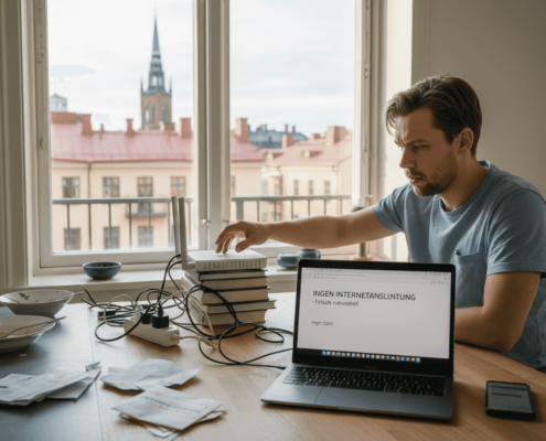 Irriterad man försöker få ordning på sitt trasslande wifi hemma