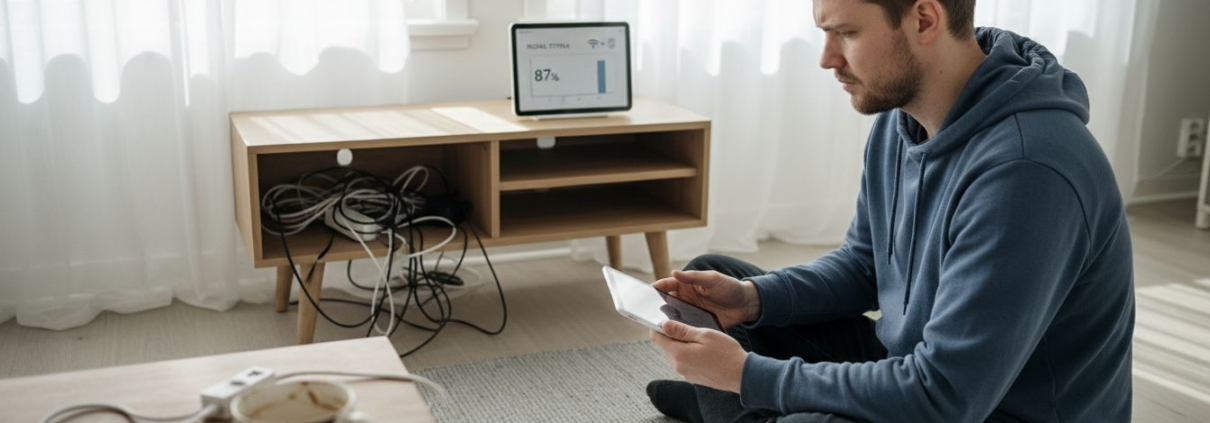 En man sitter i vardagsrummet och kollar upp wifi-uppkopplingen på sin surfplatta.