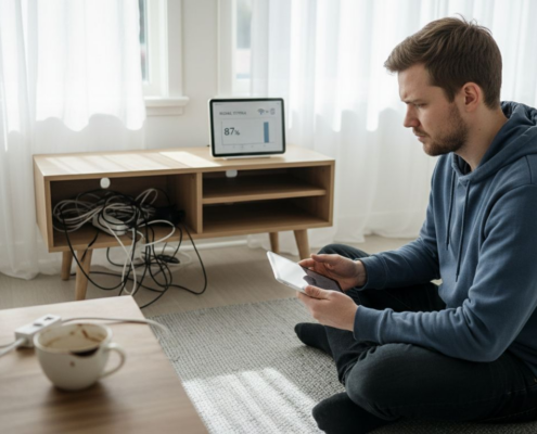 En man sitter i vardagsrummet och kollar upp wifi-uppkopplingen på sin surfplatta.