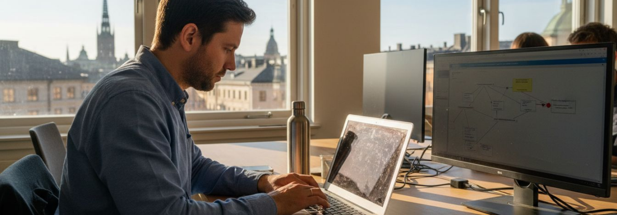 Konsult som jobbar vid datorn på kontoret