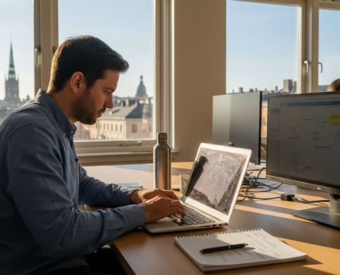 Konsult som jobbar vid datorn på kontoret