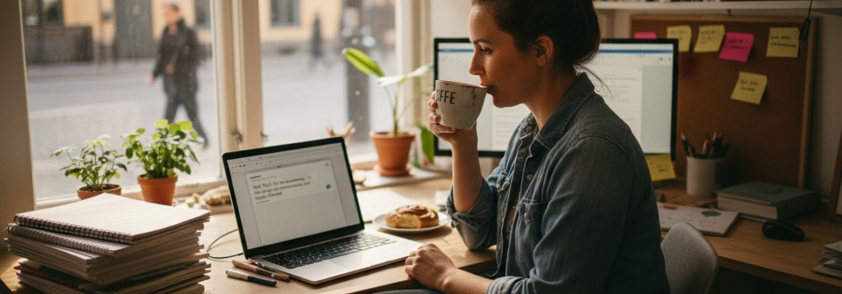 Småföretagare sitter och småpratar med kunder online i sitt hemtrevliga kontor.
