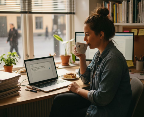 Småföretagare sitter och småpratar med kunder online i sitt hemtrevliga kontor.