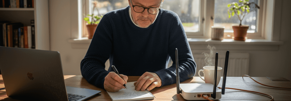 Man sitter vid köksbordet och går igenom säkerheten på hemmets wifi-nätverk.