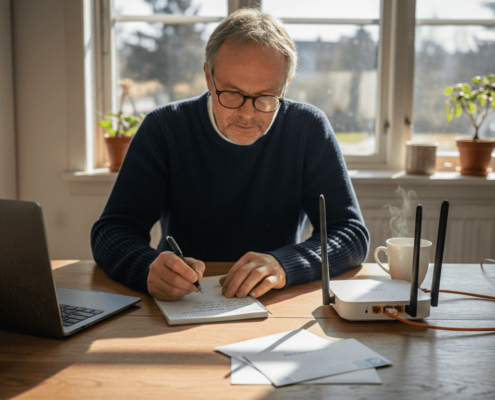 Man sitter vid köksbordet och går igenom säkerheten på hemmets wifi-nätverk.