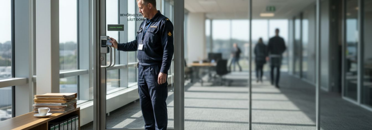 Accesskontroll – Din säkerhet mot intrång 1 Väktare som bevakar entrédörren till kontorslokalen