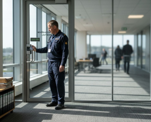 Väktare som bevakar entrédörren till kontorslokalen