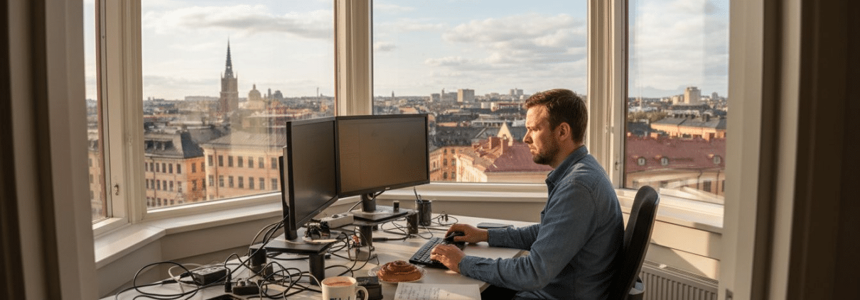 IT-tekniker som jobbar på ett rörigt kontor mitt i stan