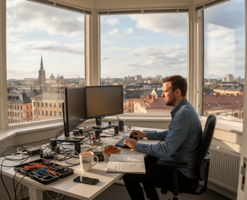 IT-tekniker som jobbar på ett rörigt kontor mitt i stan