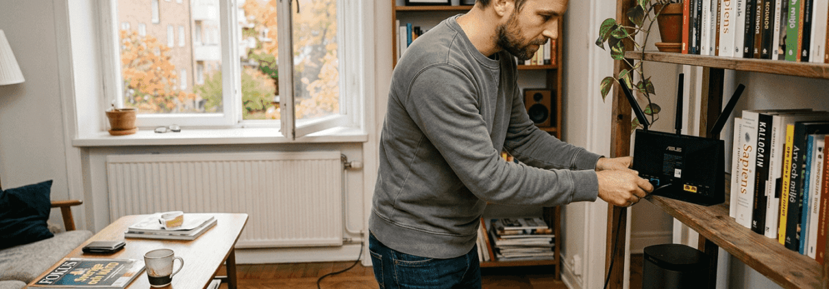 Man ser över och finjusterar routern för att få bästa möjliga wifi på hemmakontoret.