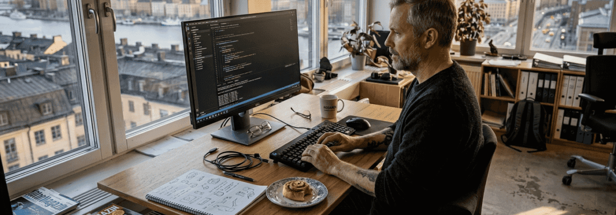En person sitter vid sitt skrivbord och arbetar på en dator med AI-teknik.