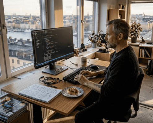 En person sitter vid sitt skrivbord och arbetar på en dator med AI-teknik.