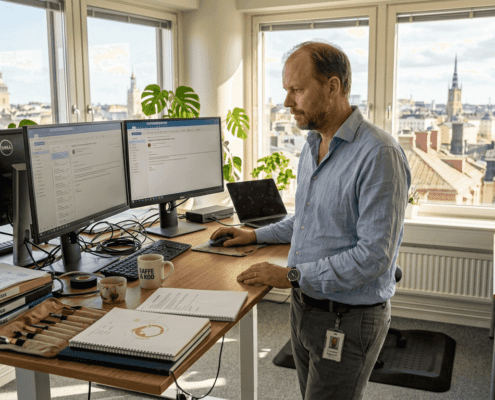 IT-tekniker på plats vid skrivbordet på Stockholmskontoret