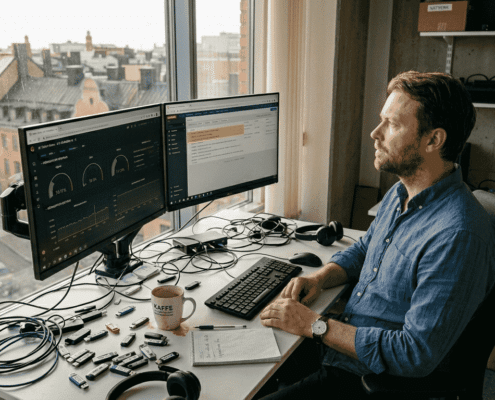Varför välja molntjänster: effektiv IT för Stockholm 2026 10 En IT-specialist sitter och jobbar vid sitt skrivbord med utsikt över Stockholm.
