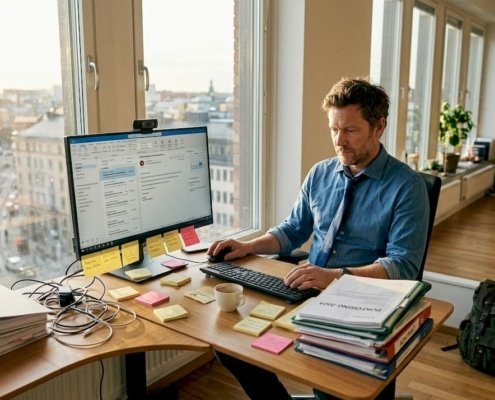 Optimera Office 365: bästa tips för småföretag 2026 9 En företagare sitter bland högar av papper vid sitt överbelamrade skrivbord och jobbar smidigt i Office 365.