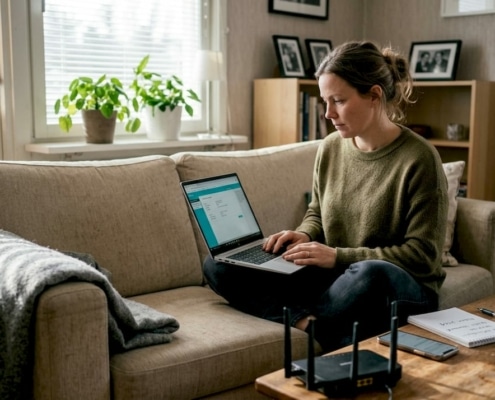 7 tips för att säkra ditt WiFi och skydda dina uppgifter 7 En kvinna sitter i vardagsrummet och uppdaterar wifi-inställningarna.