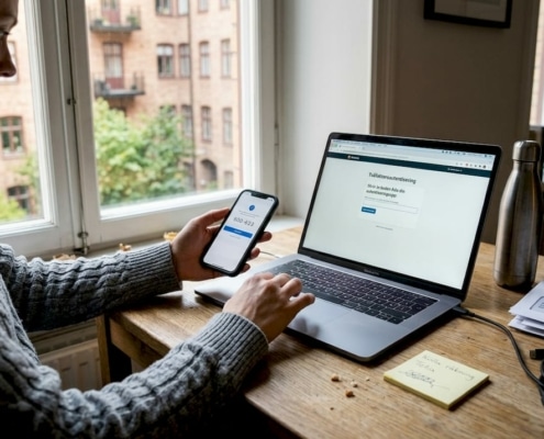 Kvinna ser till att skydda sin dator i hemmakontorets vardagsrumsmiljö