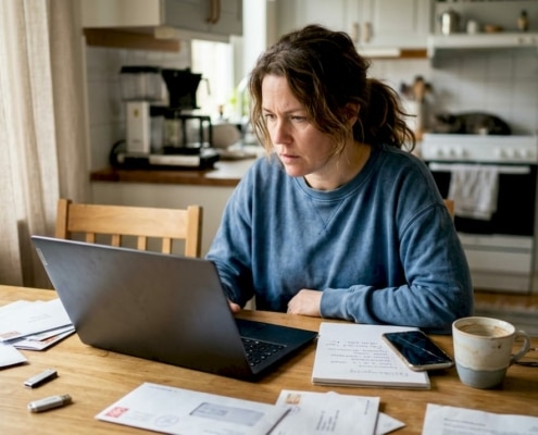 En kvinna sitter i sitt kök och försöker lösa problem med sin laptop.