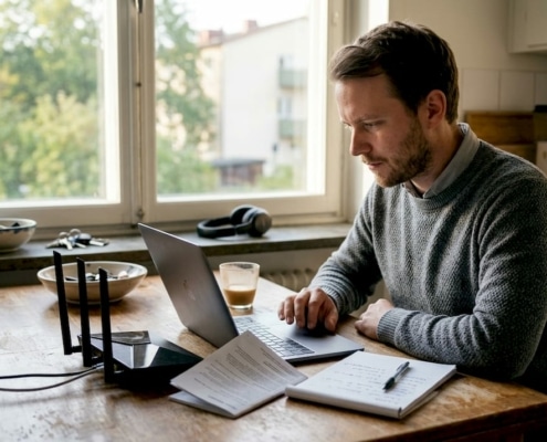 Sitter vid köksbordet och fixar inställningarna på wifi-routern