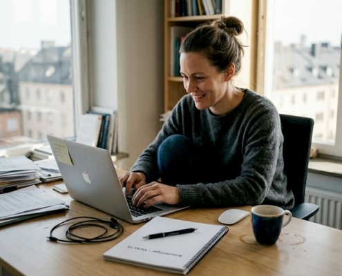 En kvinna sitter vid sitt skrivbord hemma och arbetar med frågor kring dataskydd.